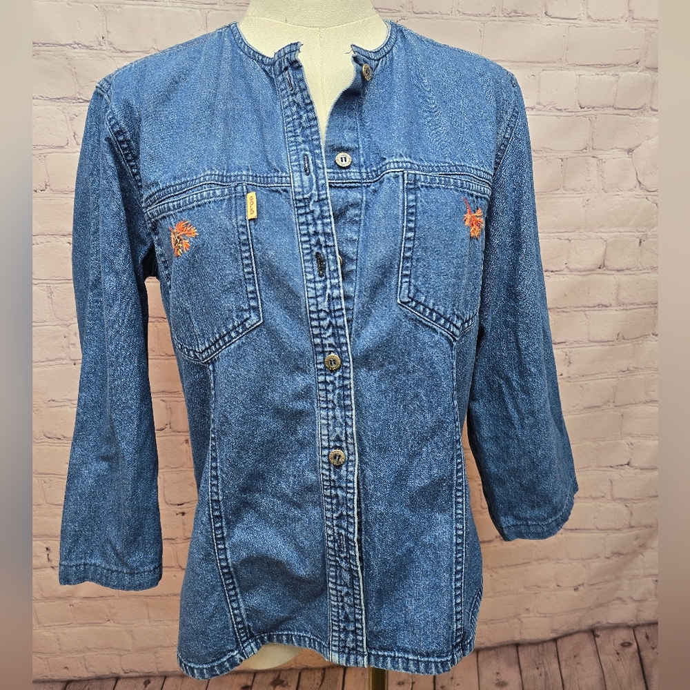 Bugle Boy Blue Denim Button-Down Shirt with Orange Embroidery